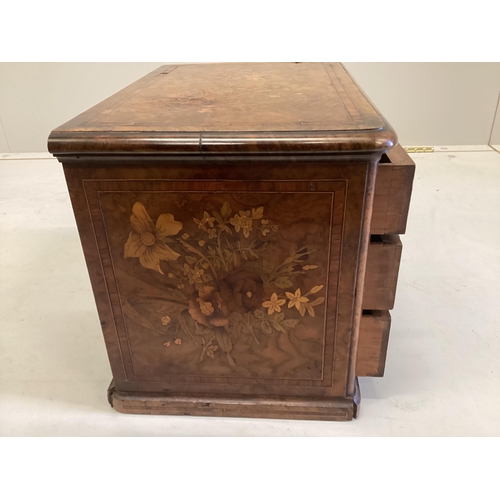 1138 - A Victorian floral marquetry inlaid miniature walnut chest, stamped 1863, B Shepherd, width 35cm, de... 