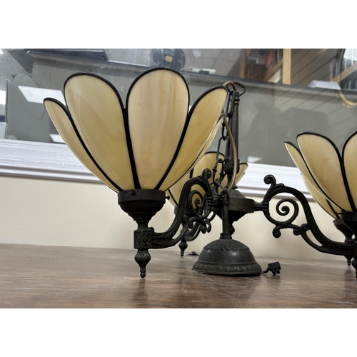 1148 - A pair of three branch chandeliers with shades, height 32cm