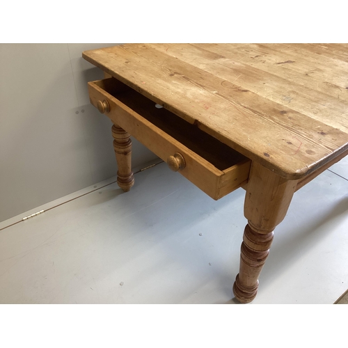 1151 - A Victorian rectangular pine kitchen table, fitted drawer, width 119cm, depth 105cm, height 73cm... 