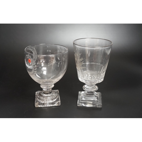 1254 - Two rummer style 18th century square-based goblets, both with etched designs, one a coat of arms, bo... 