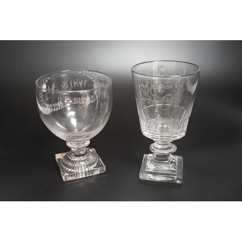 1254 - Two rummer style 18th century square-based goblets, both with etched designs, one a coat of arms, bo... 