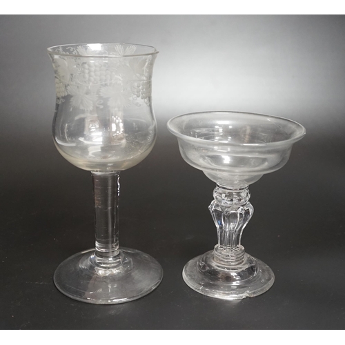 1255 - Two champagne or sweetmeat glasses c.1740, with double ogee bowls, the taller example with etched vi... 