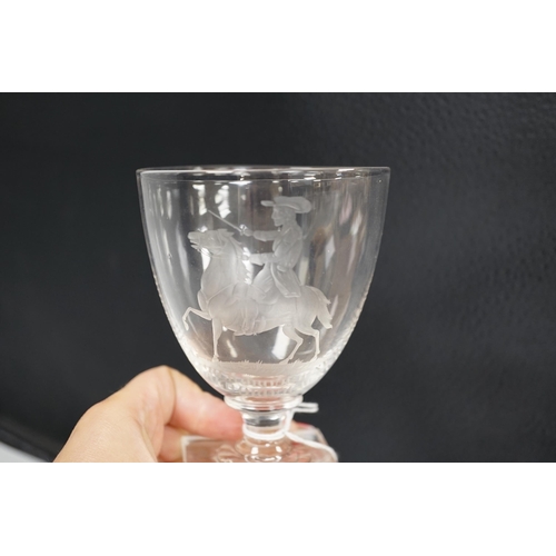 1256 - A glass goblet, engraved with the Duke of Marlborough at Ramillies, the goblet is small with a capst... 