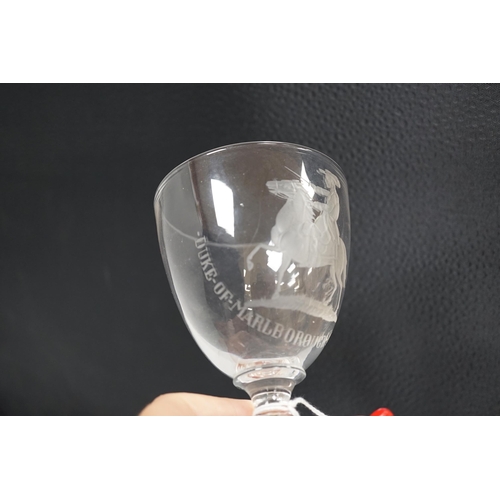 1256 - A glass goblet, engraved with the Duke of Marlborough at Ramillies, the goblet is small with a capst... 