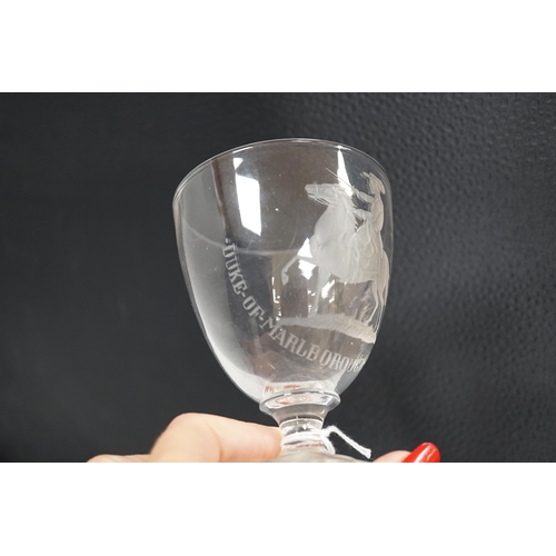 1256 - A glass goblet, engraved with the Duke of Marlborough at Ramillies, the goblet is small with a capst... 