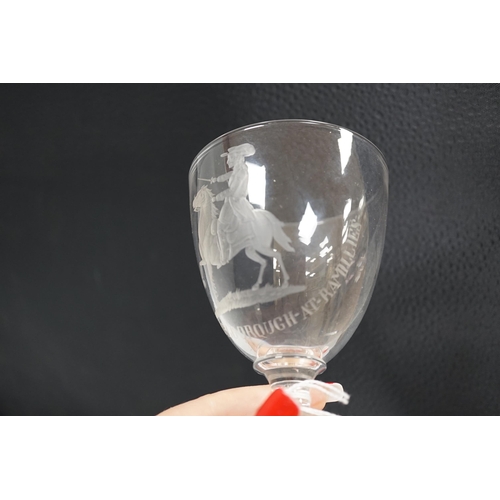 1256 - A glass goblet, engraved with the Duke of Marlborough at Ramillies, the goblet is small with a capst... 