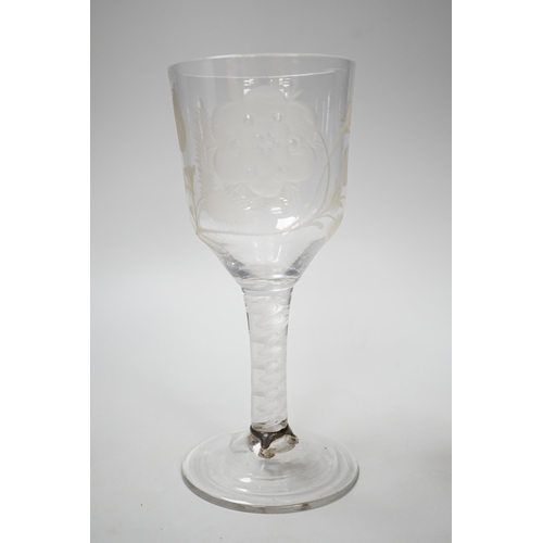 1260 - An English lead crystal Jacobite goblet, c.1750-60, bowl of ogee form, engraved with open and one cl... 