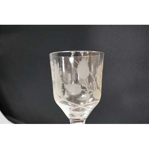 1260 - An English lead crystal Jacobite goblet, c.1750-60, bowl of ogee form, engraved with open and one cl... 