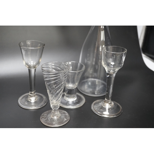 1263 - A group of four George III wine glasses and a mallet-shaped decanter, decanter 29cm