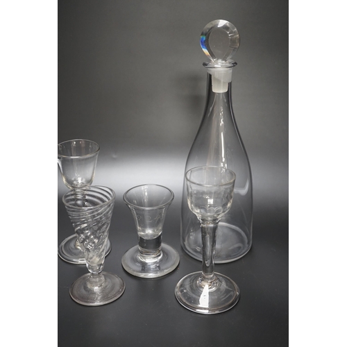 1263 - A group of four George III wine glasses and a mallet-shaped decanter, decanter 29cm