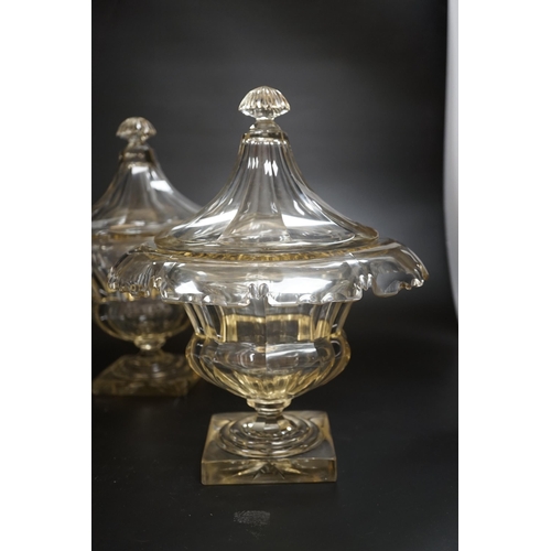 1266 - A pair of 19th century square base cut glass sweetmeat vases and covers, 29cm high