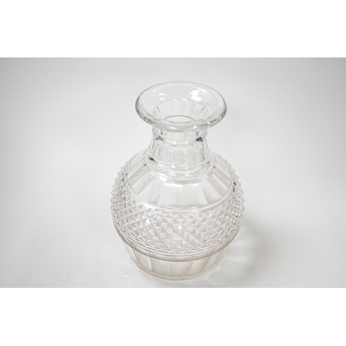 1270 - An English lead crystal Regency carafe, three rows of square cut facets alternate with two cut rings... 