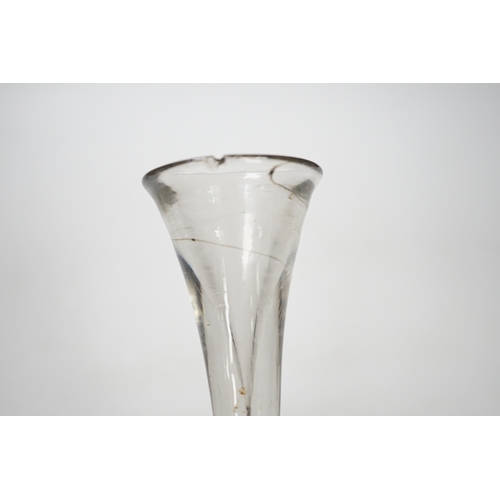 1271 - An English lead crystal baluster toastmasters glass, c.1710-20, elongated trumpet deceptive bowl on... 