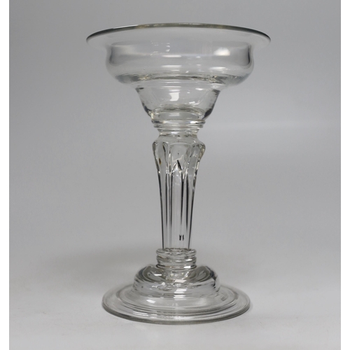 1272 - An English lead crystal champagne or sweetmeat glass, c.1745, flat double ogee bowl with everted rim... 