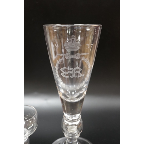 1275 - A large Edward VIII commemorative trumpet goblet with etched glass design dated 1937, together with ... 