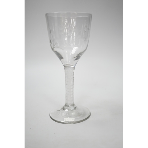 1277 - An English lead crystal DSOT goblet, c.1760, ogee bowl with tool marks and engraved with polished fl... 