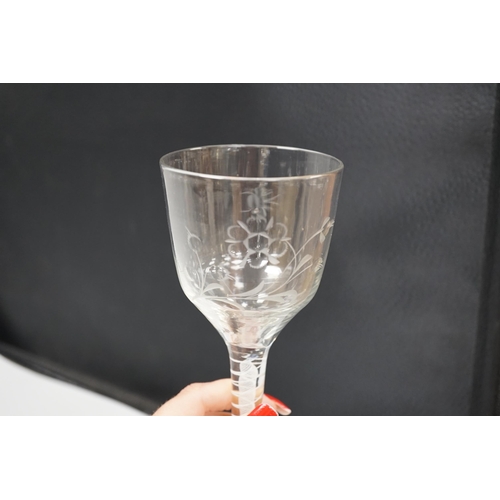 1277 - An English lead crystal DSOT goblet, c.1760, ogee bowl with tool marks and engraved with polished fl... 