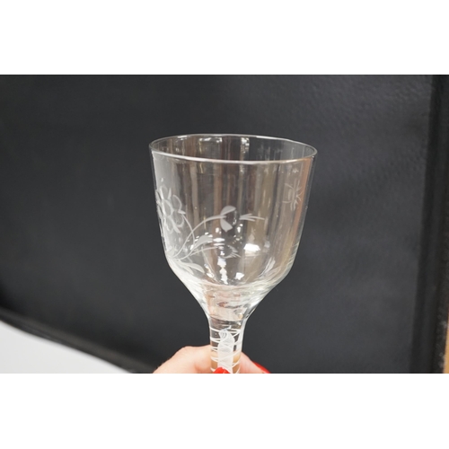 1277 - An English lead crystal DSOT goblet, c.1760, ogee bowl with tool marks and engraved with polished fl... 