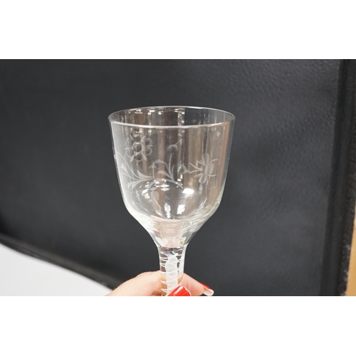 1277 - An English lead crystal DSOT goblet, c.1760, ogee bowl with tool marks and engraved with polished fl... 