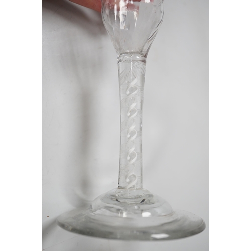 1280 - An English lead crystal ratafia glass, c.1750-60, the bowl is slightly waisted and elongated with an... 