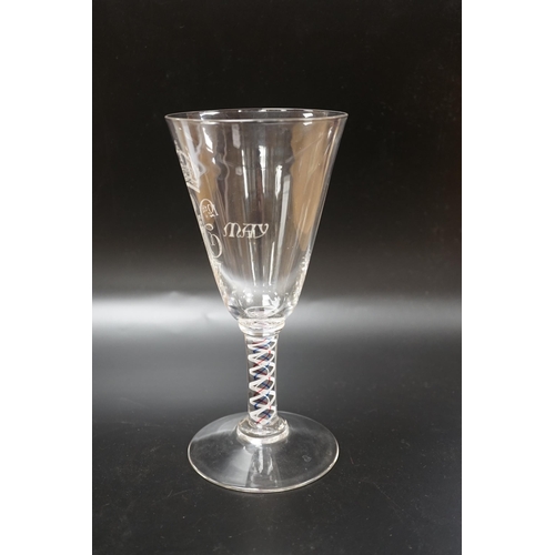 1284 - A large George VI commemorative trumpet goblet with etched glass design and cypher dated 1937, stem ... 