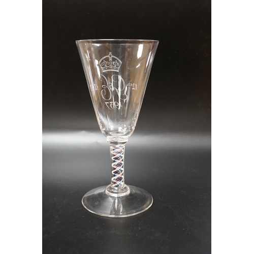 1284 - A large George VI commemorative trumpet goblet with etched glass design and cypher dated 1937, stem ... 