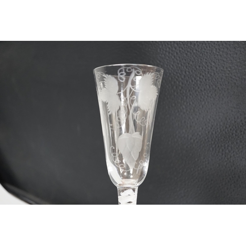 1289 - An English lead crystal SSOT ale glass, c.1760, the elongated round funnel bowl engraved with hops a... 