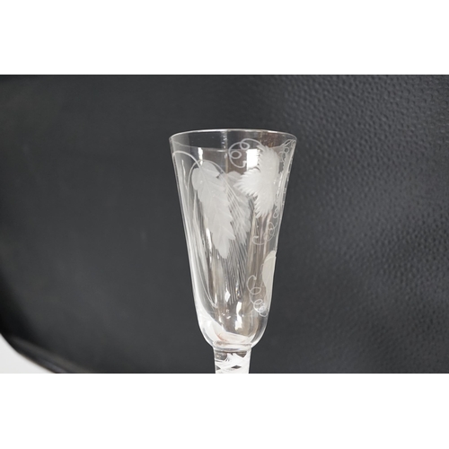 1289 - An English lead crystal SSOT ale glass, c.1760, the elongated round funnel bowl engraved with hops a... 