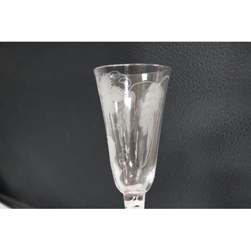 1289 - An English lead crystal SSOT ale glass, c.1760, the elongated round funnel bowl engraved with hops a... 