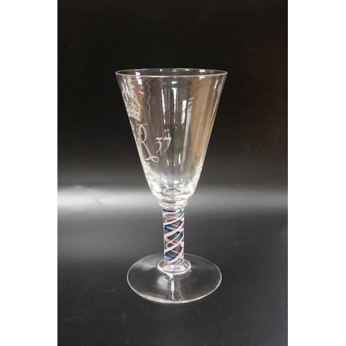 1290 - A large Edward VIII commemorative trumpet goblet with etched glass design and cypher dated 1937, ste... 