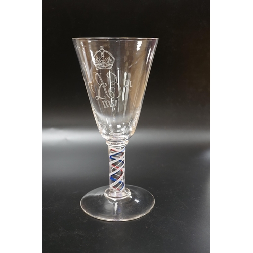 1290 - A large Edward VIII commemorative trumpet goblet with etched glass design and cypher dated 1937, ste... 