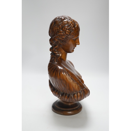 1301 - A carved walnut bust of Clytie, possibly Italian, 35cm high