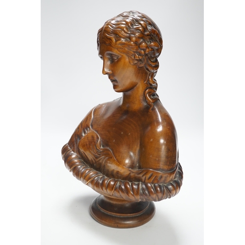 1301 - A carved walnut bust of Clytie, possibly Italian, 35cm high