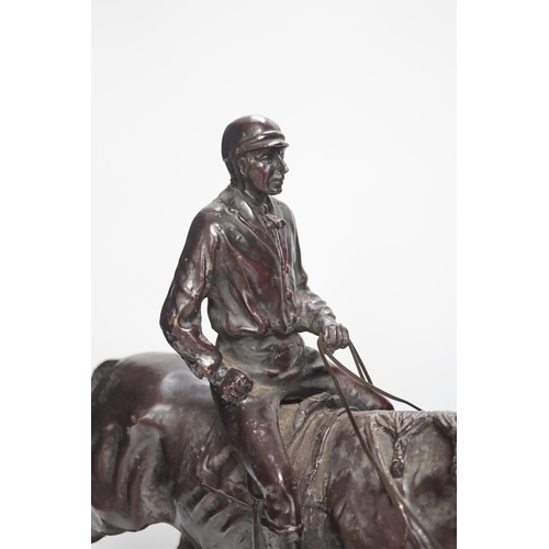 1303 - After Pierre-Jules Mêne (1810-1879) bronze study of horse and rider raised on marble base, 43cm wide... 