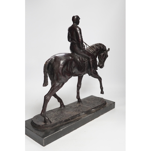 1303 - After Pierre-Jules Mêne (1810-1879) bronze study of horse and rider raised on marble base, 43cm wide... 