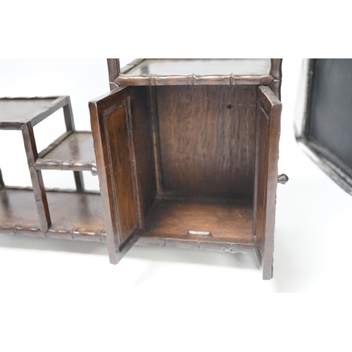 1314 - An early 20th century Chinese hongmu display shelf with cupboard and drawer, 46cm high