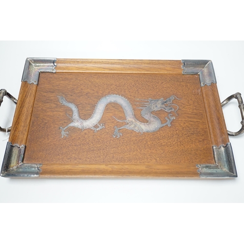 1318 - A Japanese white metal inlaid dragon tray with bamboo style handles, 49cm wide