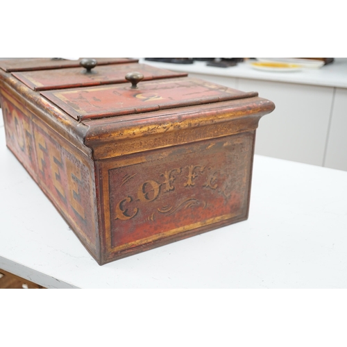 1322 - A Victorian painted retailer's advertising coffee tin with three compartments, 64cm wide