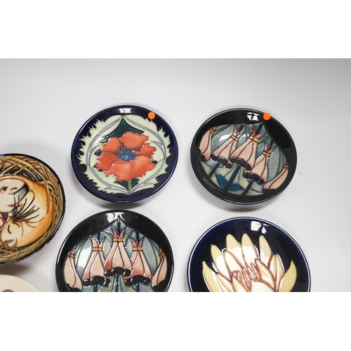 1323 - Seven Moorcroft floral dishes, two with Kerry Goodwin stamp to the base and a dormouse bowl designed... 