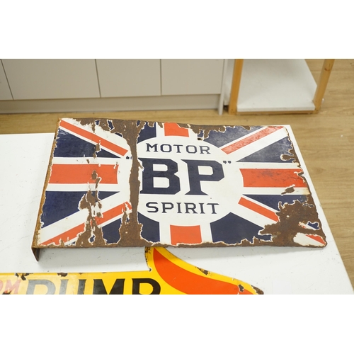 1325 - Three enamel advertising signs including BP Motor Spirit and Sphinx Plugs, largest 61cm wide