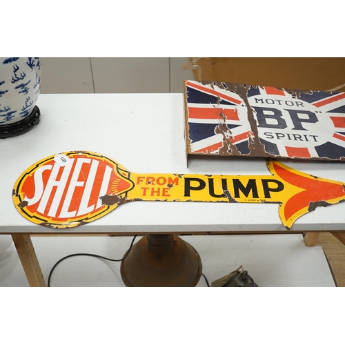 1325 - Three enamel advertising signs including BP Motor Spirit and Sphinx Plugs, largest 61cm wide