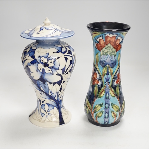 1328 - A Moorcroft floral vase designed by Shirley Hayes, limited edition 27/30 and a Moorcroft blue and wh... 