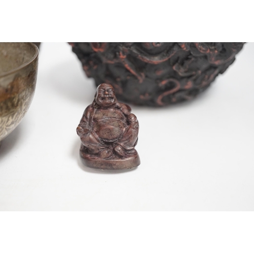 1329 - An Indian bronze bowl, two Chinese jars, 'dragon' bowl and a seated figure of Buddha, 15cm high... 