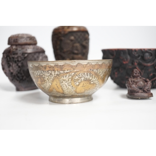 1329 - An Indian bronze bowl, two Chinese jars, 'dragon' bowl and a seated figure of Buddha, 15cm high... 