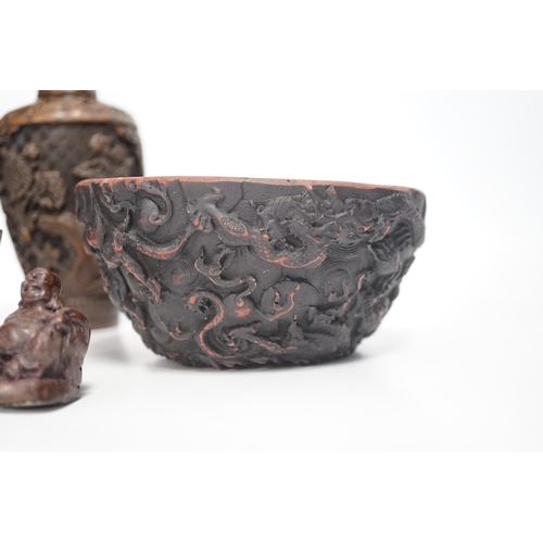 1329 - An Indian bronze bowl, two Chinese jars, 'dragon' bowl and a seated figure of Buddha, 15cm high... 