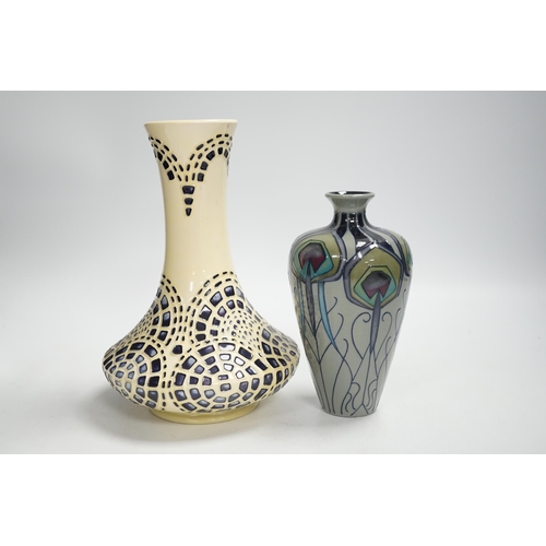 1332 - A Moorcroft Peacock Parade vase and a Moorcroft secessionist style vase, largest 21cm high