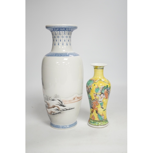 1335 - A Chinese Republic period enamelled porcelain winter scene vase, and a yellow ground warriors va... 