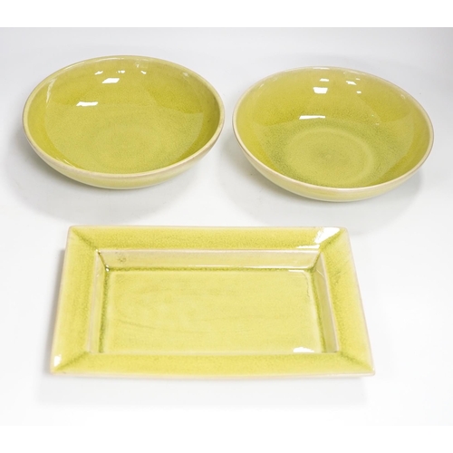 1345 - Two lime green crackle glazed bowls and a similar rectangular dish, by Jars of France, largest 30cm... 