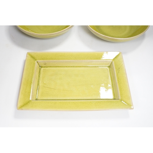 1345 - Two lime green crackle glazed bowls and a similar rectangular dish, by Jars of France, largest 30cm... 