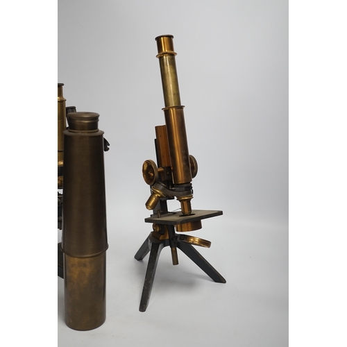 1349 - Two brass and black lacquered microscopes, one by Adam Hilger and two brass telescopes